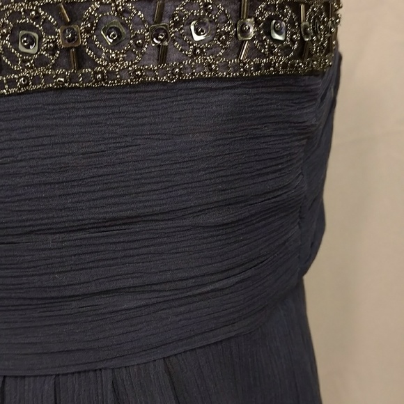 Sexy Silk Mini Dress Sheer Navy Blue Beaded Straps Plunge Neckline Party Evening - Picture 6 of 8